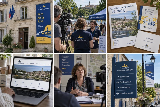 Ville de Valmont-sur-Rive — création portfolio, six vues de l’identité et des supports